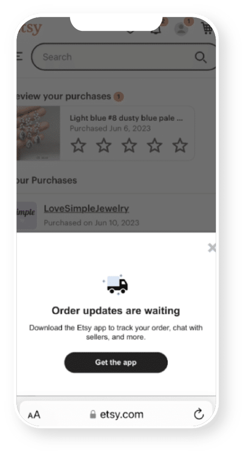 A smartphone shows a bottom half-page banner for Etsy with text that says "Order updates are waiting: Download the Etsy app to track your order, chat with sellers, and more" and a button that says "Get the app."