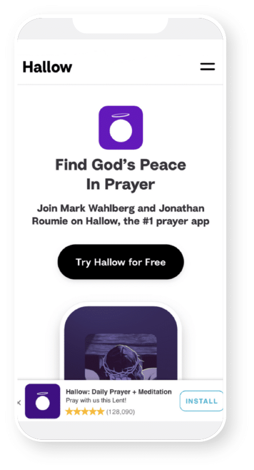 A smartphone shows a bottom banner for Hallow with a button that says "Install."