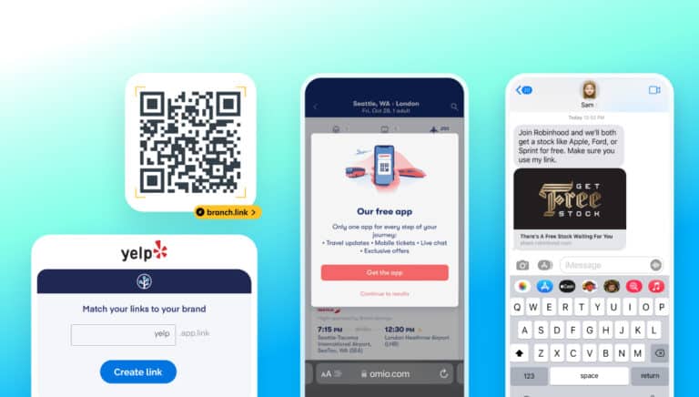 Collage of deep linking techniques, phones and QR codes
