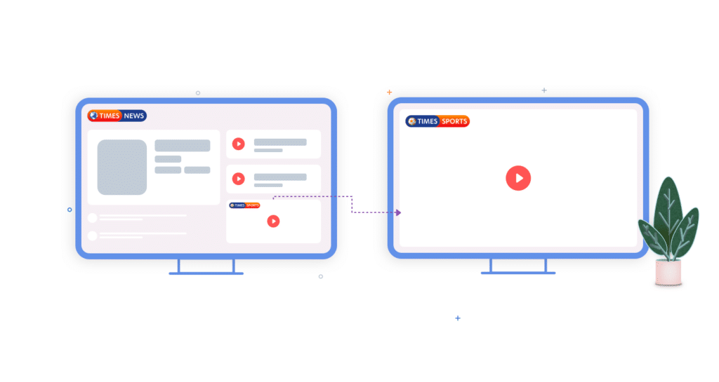 Illustration of two monitors, one displaying news and the other sports content, connected by a dotted line, with a potted plant beside.