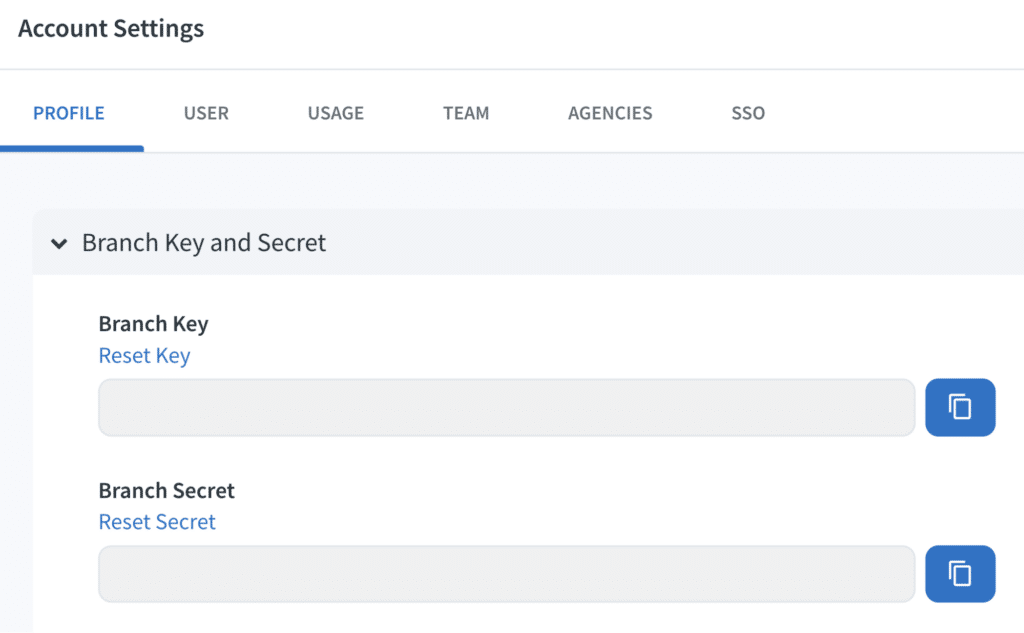 Image of the Account Settings "Profile" tab where Branch Key and Secret are located.