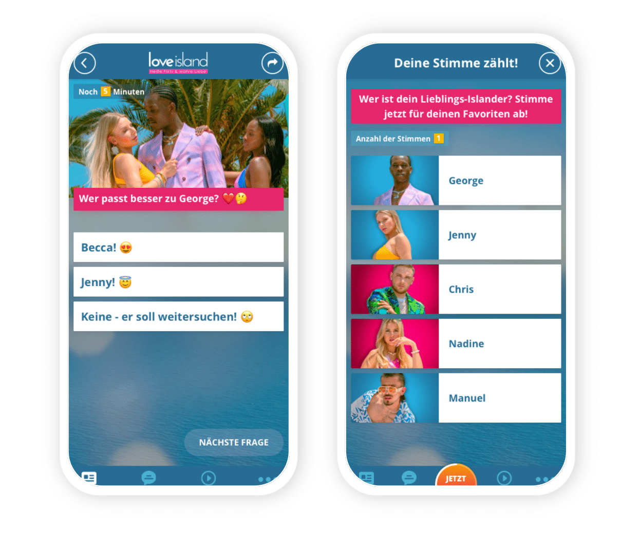 Two screenshots of Love Island app screens showing interactive polls. 