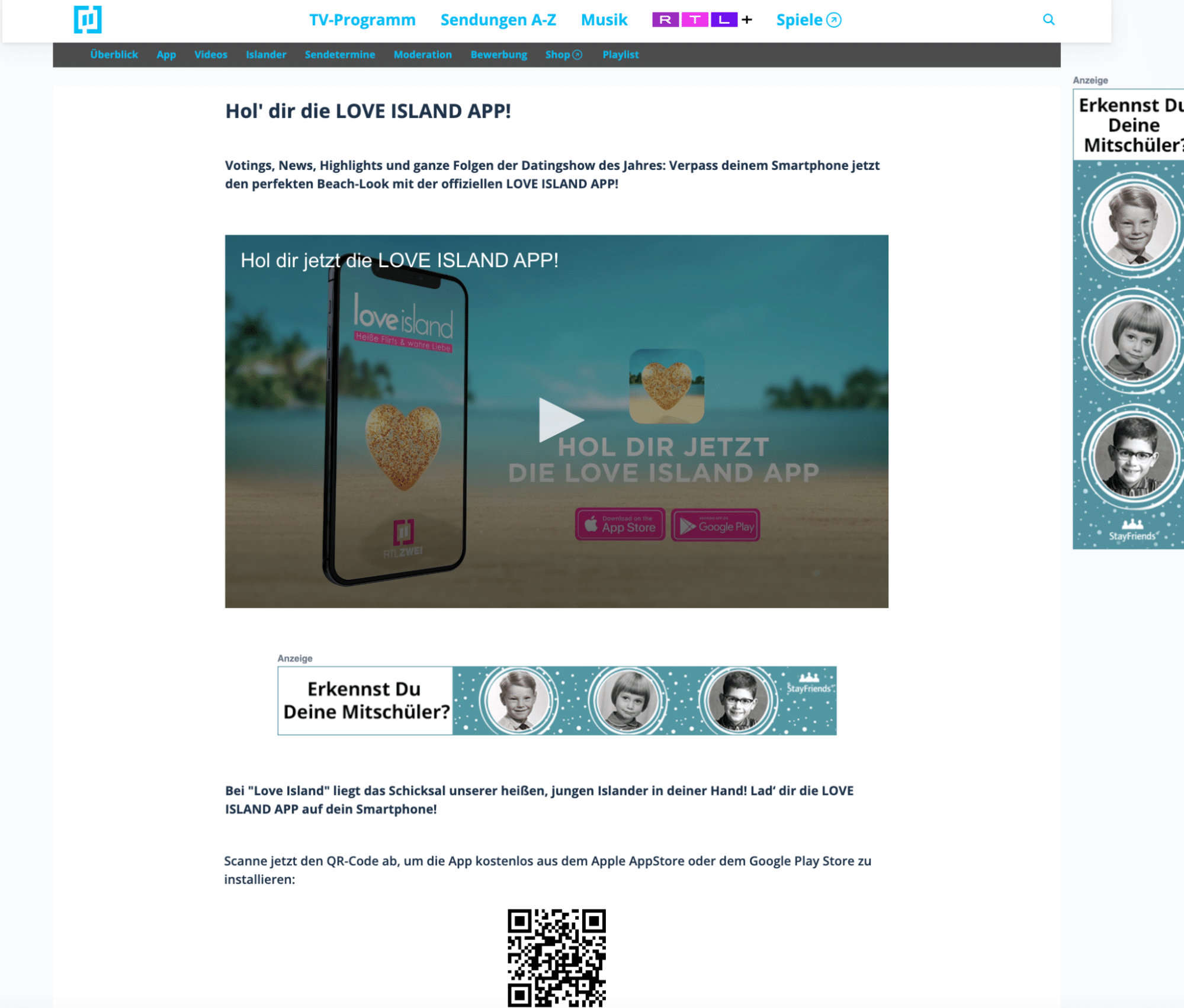 Screenshot of RTLZWEI website displaying QR code CTA to download the Love Island app. 