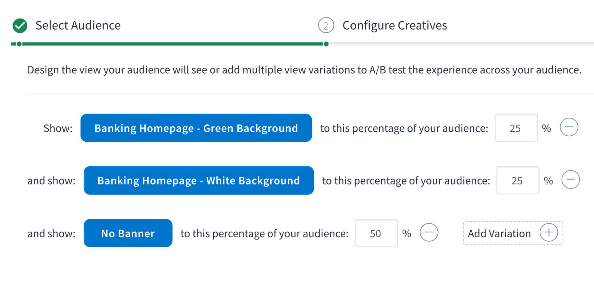 Screenshot of the 'Select Audience' screen in the Branch Dashboard Journeys setup page. Show: Banking Homepage - Green Background banner to 25% of audience Show Banking Homepage - White Background banner to 25% of audience Show no banner to 50% of audience