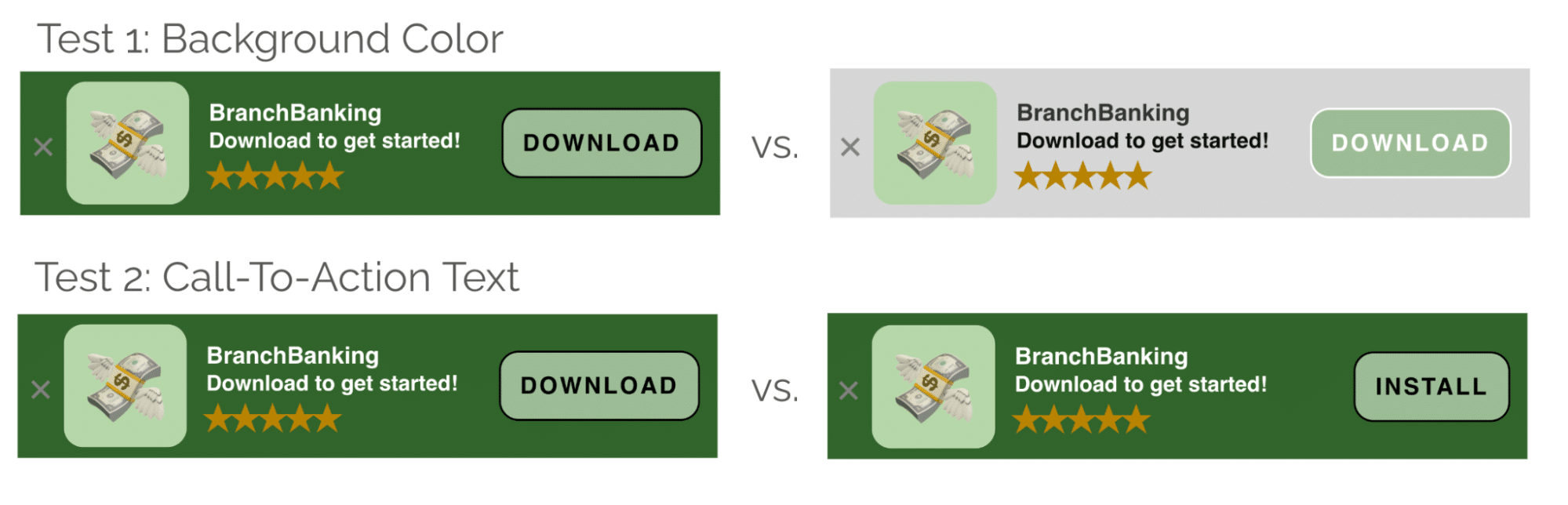 Two smart banner variation tests. Test 1: Background color: green versus gray Test 2: Call-to-action text: Download versus Install