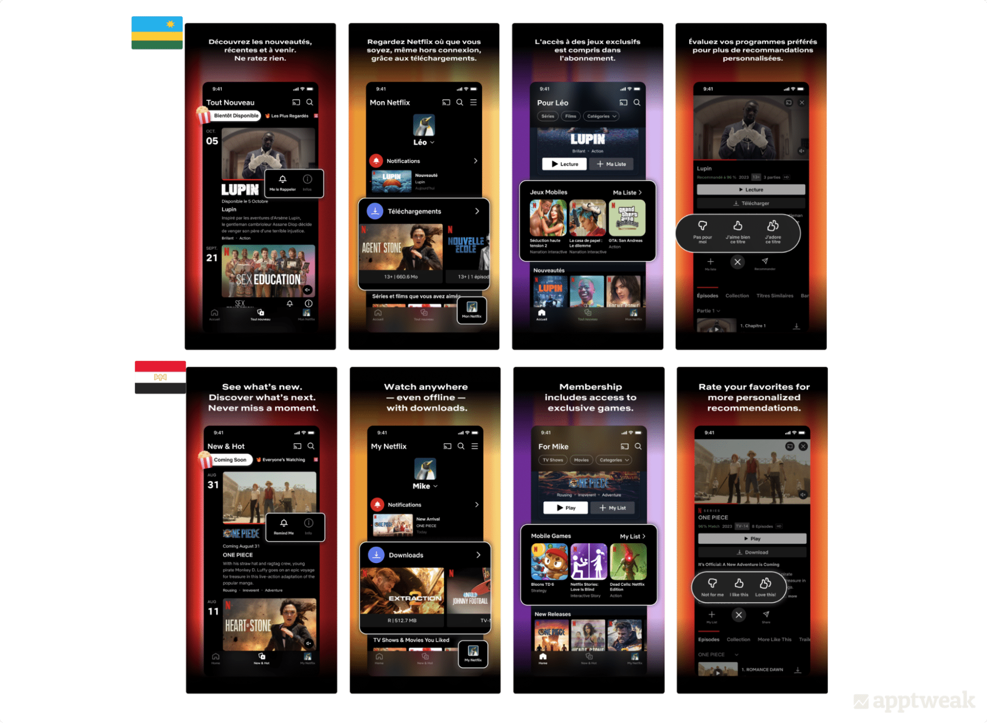 An array of Netflix screenshots featuring "Lupin" next to a Rwandan flag compared with an array of Netflix screenshots featuring "One Piece" next to an Egyptian flag.