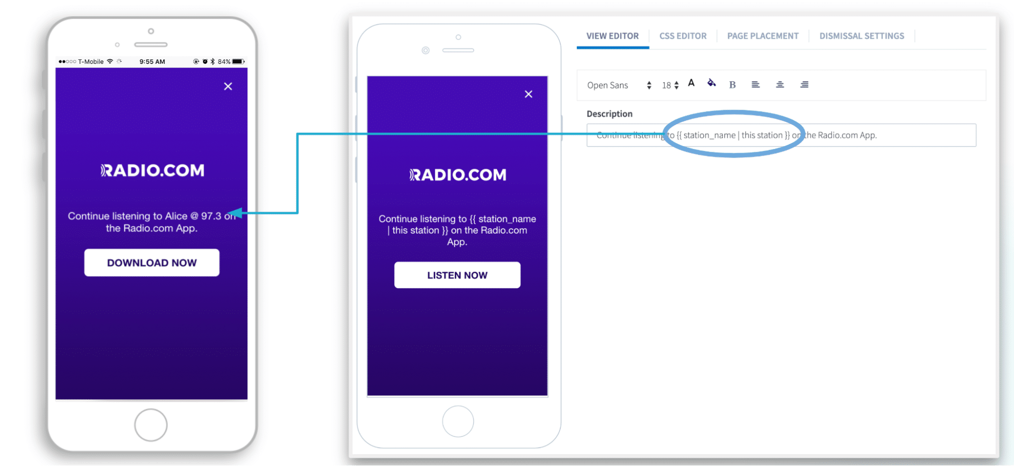 View Editor screen in Branch Dashboard showing how to insert predefine keys in banner description: "Continue listening to {{station_name | this station }} on the Radio.com App."