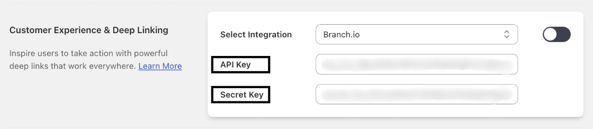 Screenshot of Shop2App dashboard screen where user pastes API Key and Secret Key to enable Branch.io integration