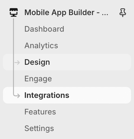 Mobile App Builder menu in Shop2App dashboard showing Integrations field highlighted