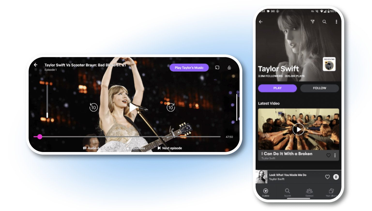 Two screenshots of smartphones are shown. The first shows the screen paused on a shot of Taylor Swift performing at a concert, and a label in the upper left corner reads "Taylor Swift Vs Scooter Braun: Bad Blood S1: E1." A button in the upper right corner is labeled "Play Taylor's Music." The second screenshot shows a Taylor Swift music library, playing the song "Look What You Made Me Do." A caption beneath both screenshots reads "OSN+ users watching the Taylor Swift documentary are shown a 'Play Taylor's Music' CTA button, which takes them directly to the artist's page in the Anghami app."