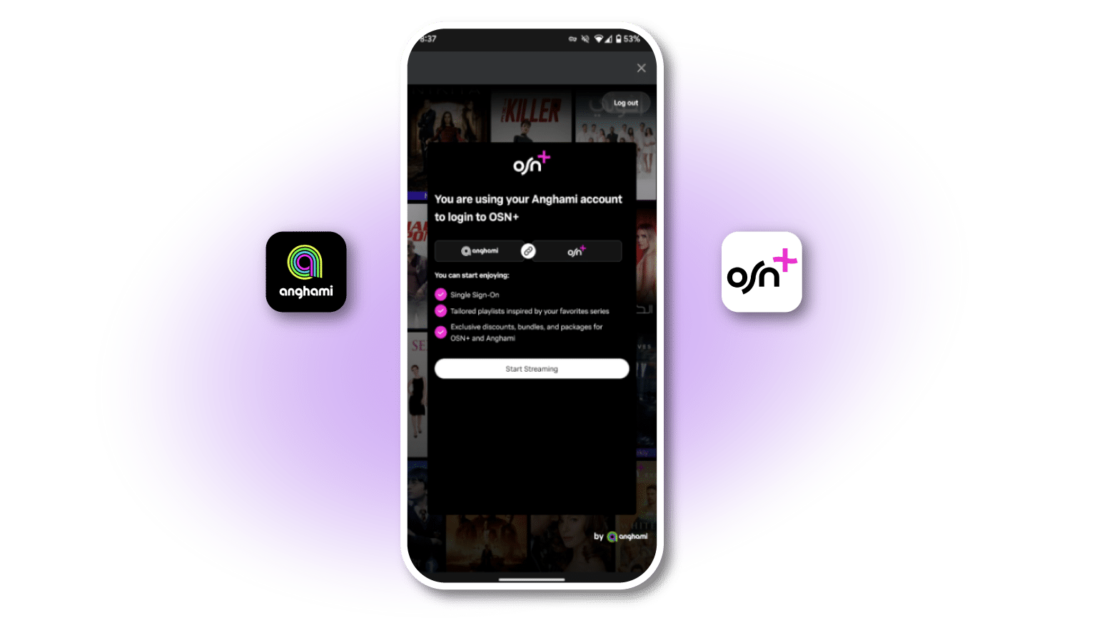 A screenshot of a smartphone shows a window that says "You are using your Anghami account to login to OSN+. You can start enjoying: Single Sign-On. Tailored playlists inspired by your favorite series. Exclusive discounts, bundles, and packages for OSN+ and Anghami." A button is labeled "Start Streaming."