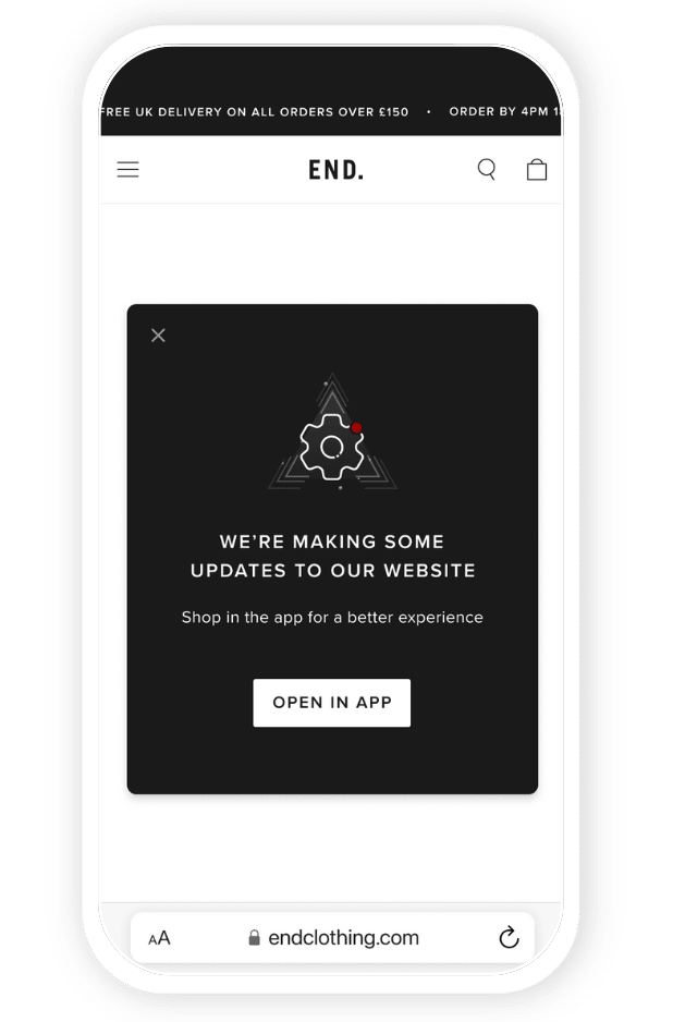 Screenshot of a Journeys smart banner on the END. website encouraging users to shop in the app while the website is being updated.