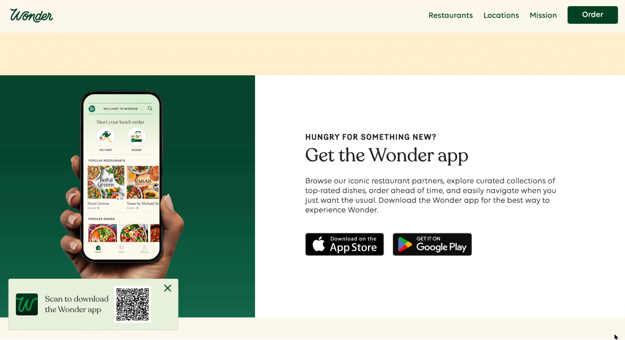 A screenshot of a web-to-app banner for Wonder, encouraging users to "Get the Wonder app." There are options to download the app on the App Store or on Google Play, and there's also a QR code to scan.