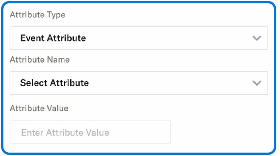 Under an 'Attribute Type' heading, 'Event Attribute' is selected from a dropdown. Under an 'Attribute Name' heading, 'Select Attribute' is selected from a dropdown. Under an 'Attribute Value' heading, there's a text box that reads 'Enter Attribute Value.'