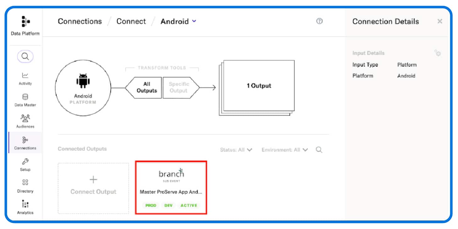 A screenshot appears of the mParticle dashboard on the 'Connections' section. Under a 'Transform Tools' heading, an 'All Outputs' button is selected, which branches off to a bubble that says 'Android.' The unselected button, 'Specific Output,' branches off to a bubble that says '1 Output.' Under a 'Connected Outputs' heading, the configured Branch output destination is selected.