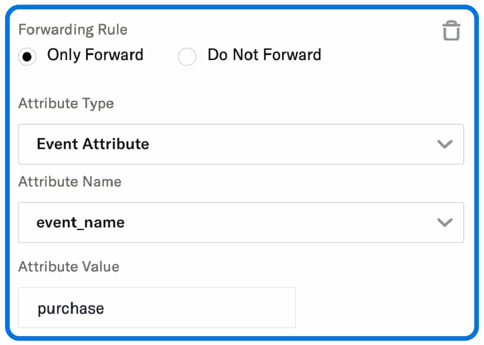 Under a 'Forwarding Rule' heading, there are two radio buttons labeled 'Only Forward' and 'Do Not Forward.' 'Do Not Forward' is selected. Under an 'Attribute Type' heading, 'Event Attribute' is selected from a dropdown. Under an 'Attribute Name' heading, 'event-type' is selected from a dropdown. Under an 'Attribute Value' heading, a text field reads 'commerce.'