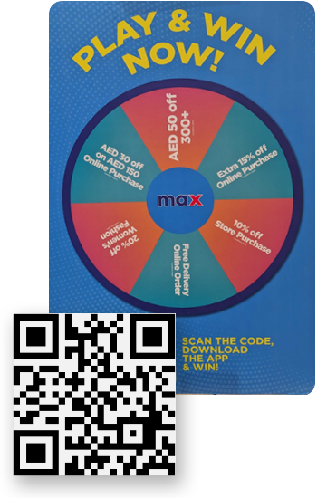 In-store Spin the Wheel signage with QR code. "Play & Win Now!" 