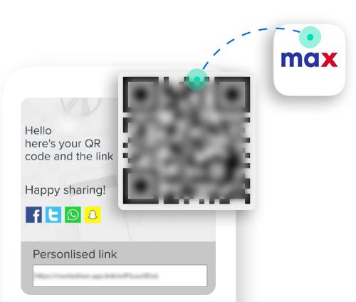 Image depicting QR code and personalized link given to store employees, "Hello [name], here's your QR code and the link. Happy sharing!" 